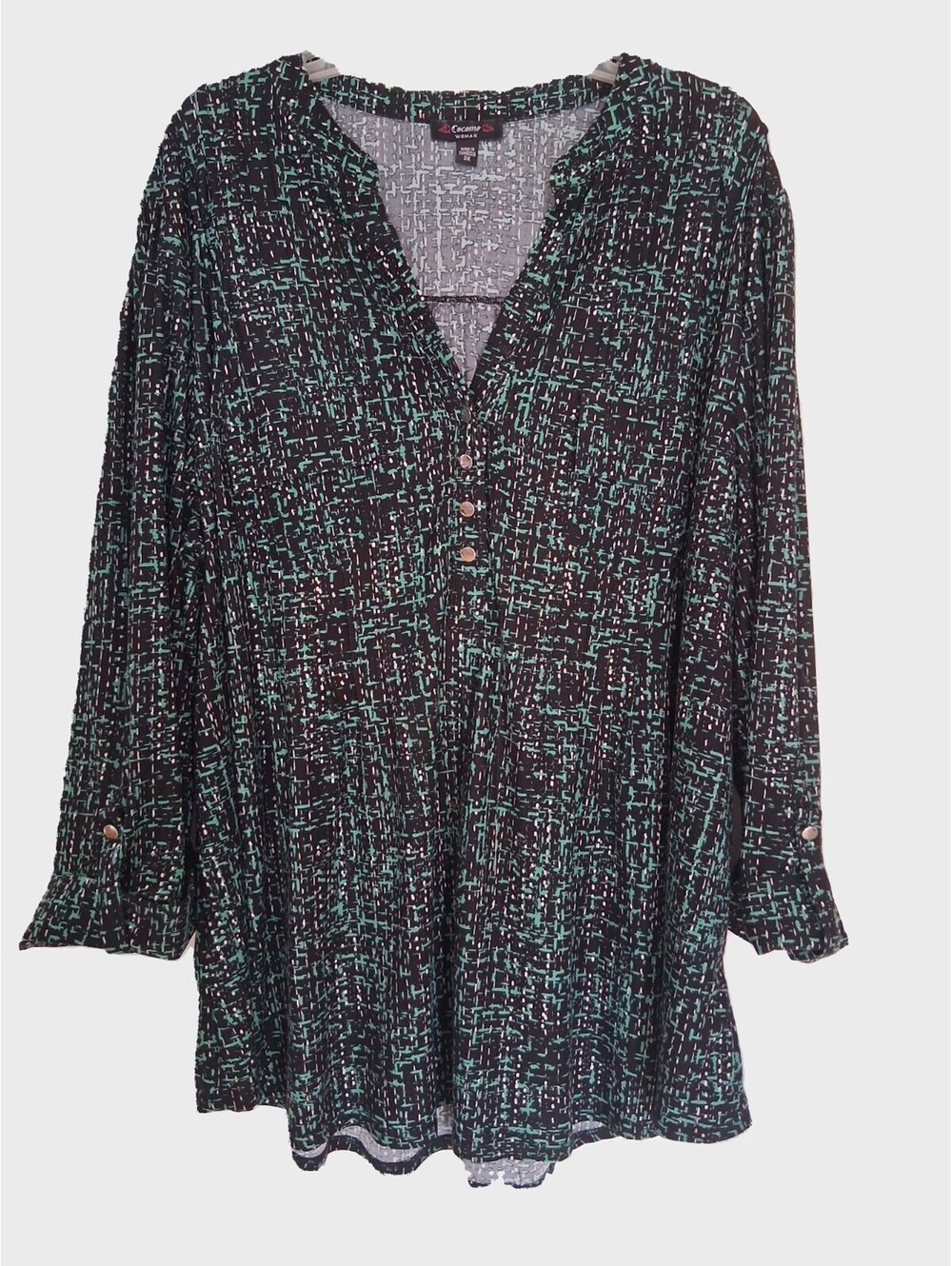 Cocomo Women's Green Black Abstract Roll Tab Sleeve Tunic Size 3X